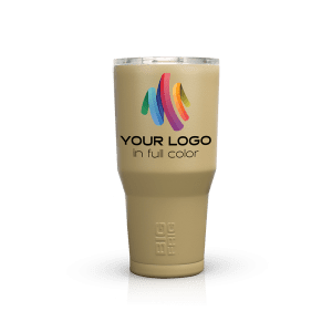 Your Logo in Full Color Big Frig Drinkware Social Media Mock-up 2020 Sand colored tumbler with a colorful logo and the text "your logo in full color" printed on its front.