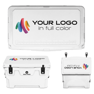Your-Logo-in-full-color-BigFrig_45qt_BadlandsMockup2021 white 45qt cooler shown from different angles with the text "Your Logo in full color" on the lid.